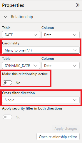 adjust properties of relationship